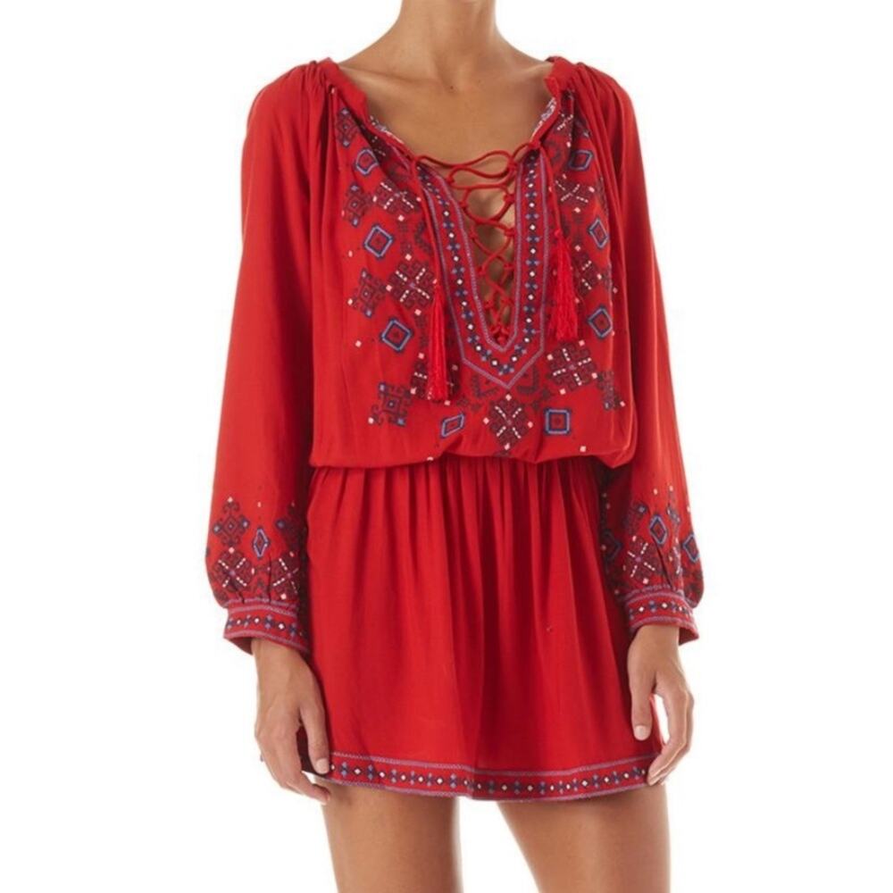 MELISSA ODABASH Nadja Red Embroidered Dress Small
